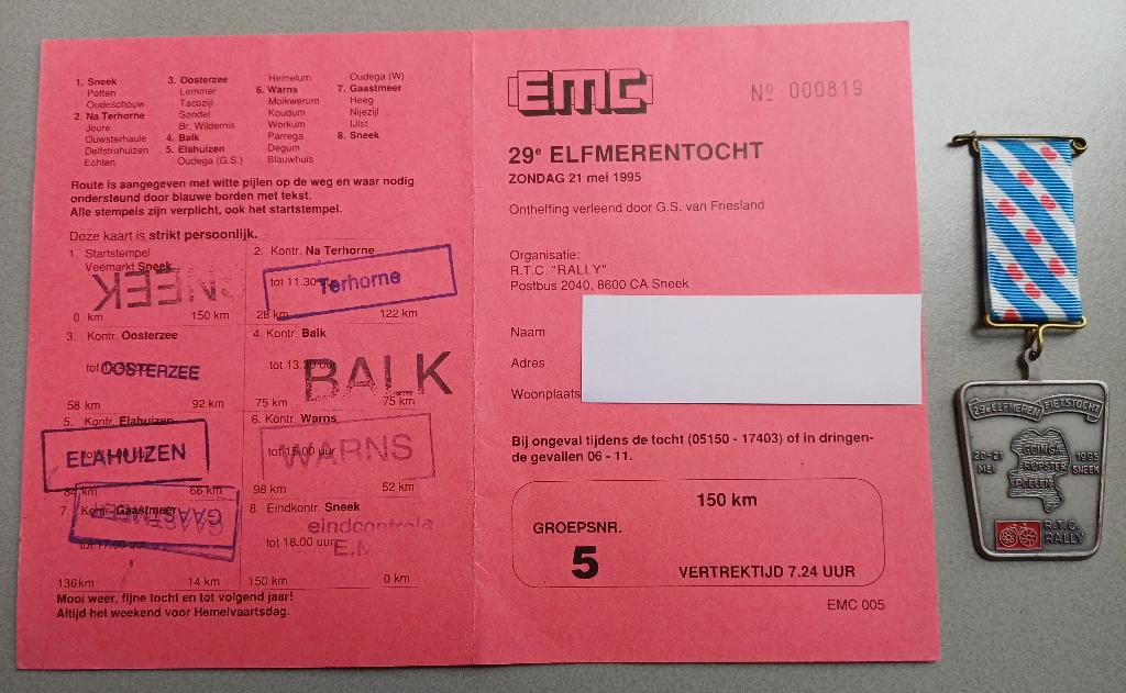 Medaille Elfmerenfietstocht 1995 1996 1997 1998 1999 29e/33e, Postzegels en Munten, Penningen en Medailles, Ophalen of Verzenden