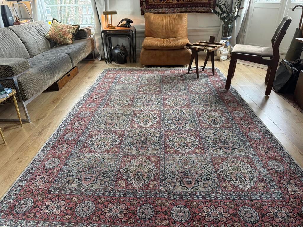 Handgeknoopt vintage Kashmir tapijt 283 x 185 cm, Gebruikt, 150 tot 200 cm, Klassiek – landelijk – eclectisch – bibliotheek, Rechthoekig
