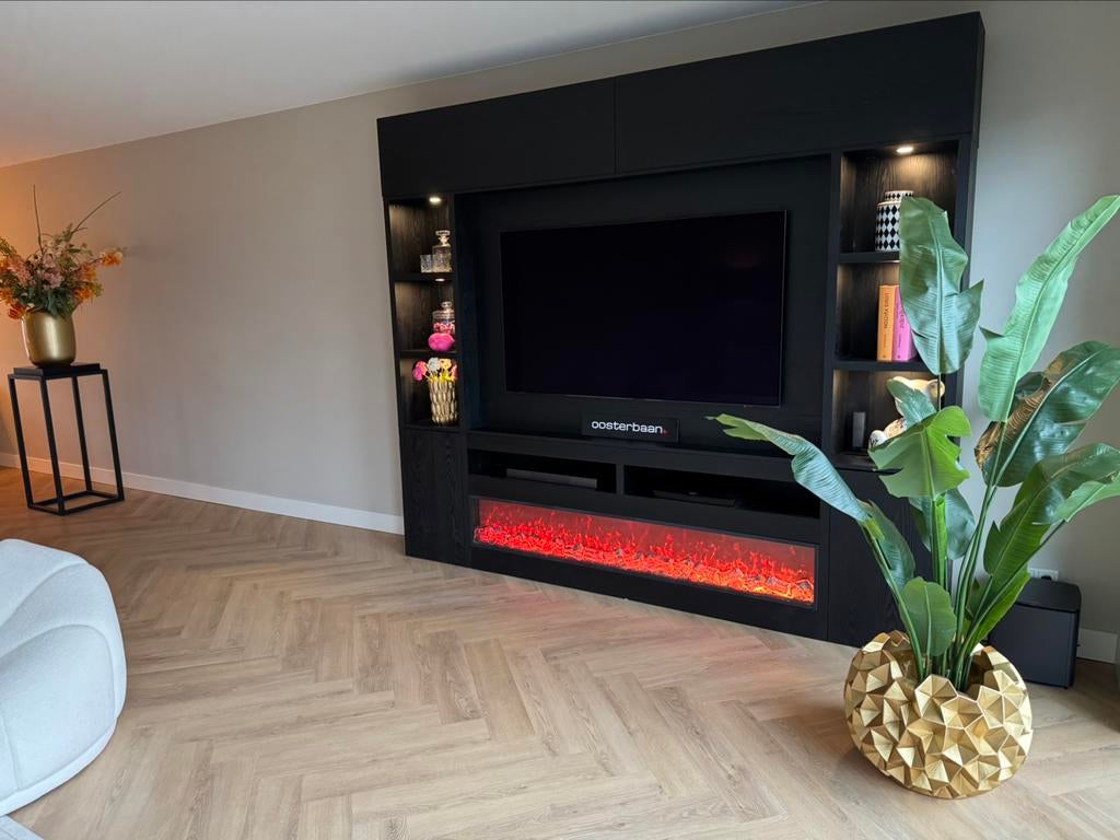 Luxe Black Oak Cinewall met haard & verlichting NIEUW Uniek, Huis en Inrichting, Overige materialen, Info@oosterbaanwonen.nl, Venus 31 8448CE Heerenveen