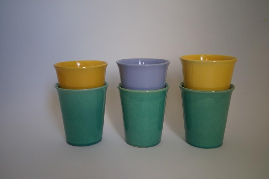 vintage 6x beker erica aardewerkfabriek groen geel paars '50, Gebruikt, Overige typen, Ophalen of Verzenden, Overige stijlen