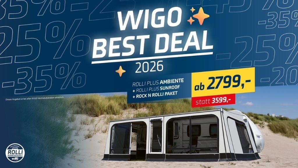 2026 WIGO ROLLI-PLUS Ambiente "BEST DEAL" kom kijken !!, Caravans en Kamperen, Caravans, Bedrijf, Meer dan 6, Luifel, Knaus