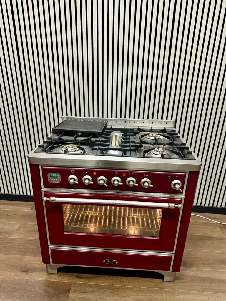 Luxe Bordeaux rode Boretti Majestic Fornuis 90x70 cm, Witgoed en Apparatuur, Fornuizen, Zo goed als nieuw, Vrijstaand, Gas, 5 kookzones of meer