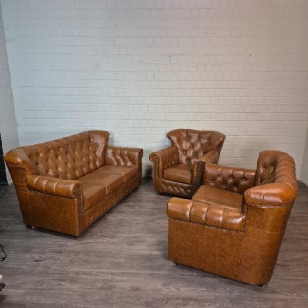 26277 Chesterfield Bankstel Camel 3-2-1 Leder, Ophalen, 150 tot 200 cm, Chesterfield, Nieuw