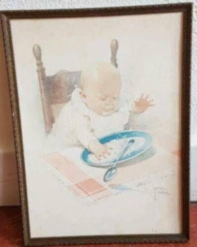 1925 litho Lawson Wood baby, kind met papbord "Netjes eten", Ophalen