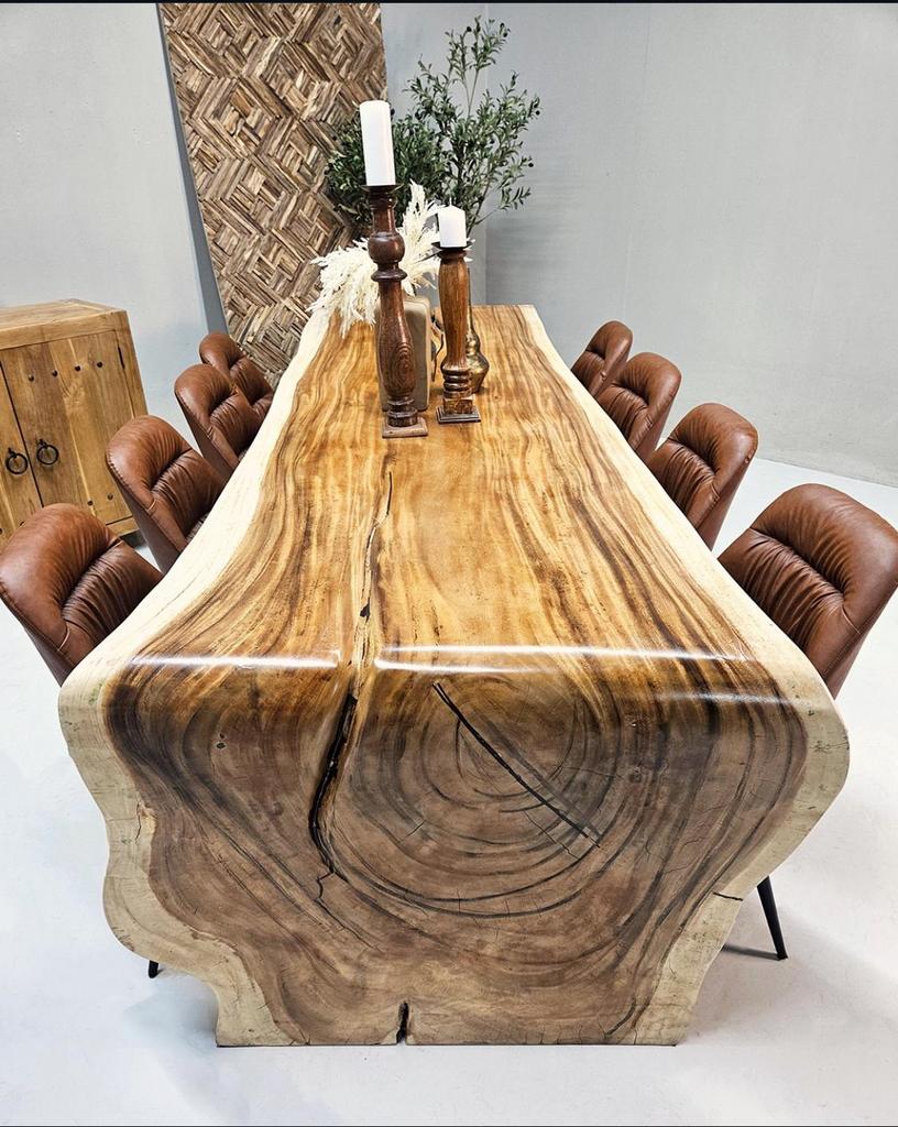 Boomstamtafel Suar watervaltafel rond organisch alle maten, Huis en Inrichting, Ophalen of Verzenden, Nieuw, Rechthoekig, 200 cm of meer