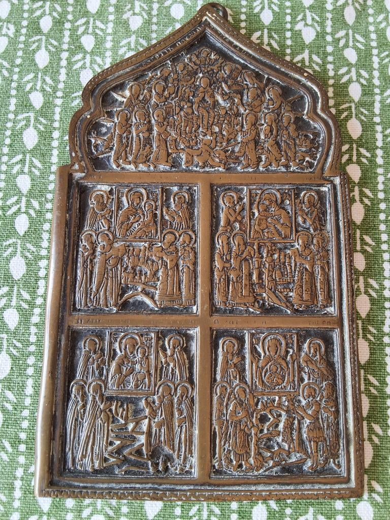 Zeldzaam Russisch Bronzen reis Icoon - 19e Eeuw, Antiek en Kunst, Antiek | Kleden en Textiel, Ophalen of Verzenden