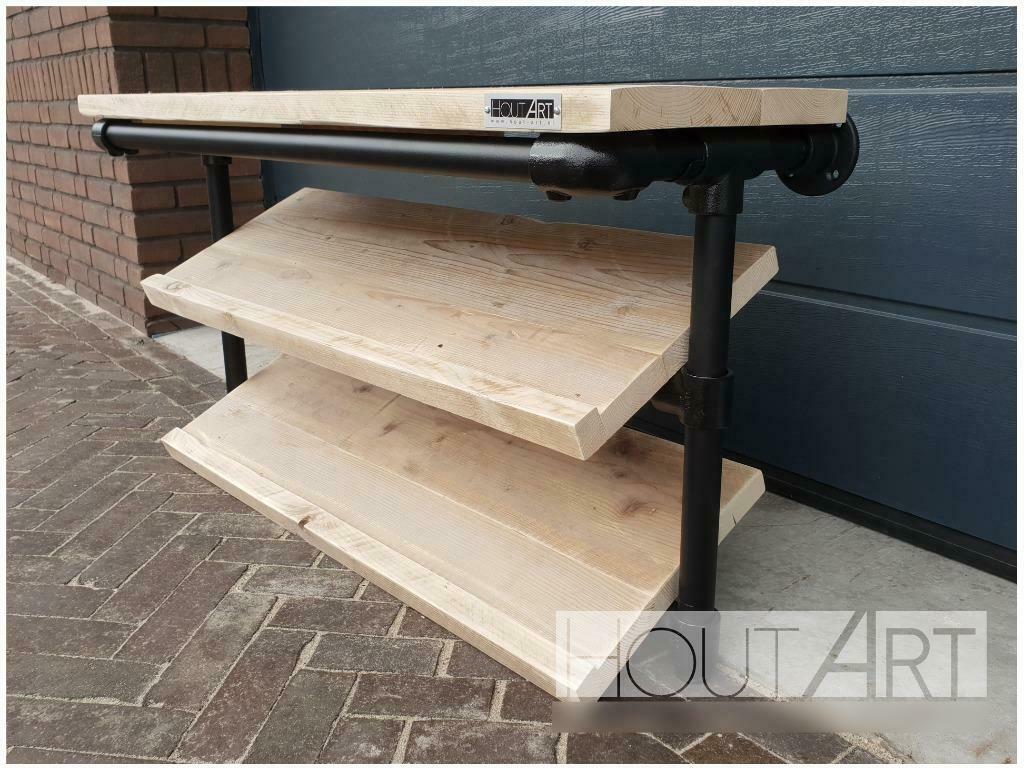 Schoenenrek zwarte steigerbuis met steigerhout (wandmodel), Info@hout-art.nl, Nieuw, Ophalen of Verzenden, Hoeves 3 in Schijndel