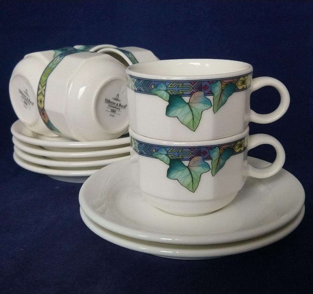 Villeroy & Boch Pasadena - 6 kop en schotels klimop, Ophalen of Verzenden, Zo goed als nieuw, Overige stijlen, Kop(pen) en/of Schotel(s)