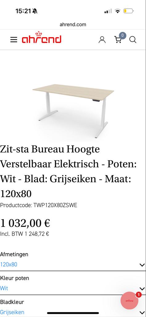 Ahrend Zit Sta Bureau Elektrisch Verstelbaar 140 cm, Ophalen, Elektrisch, Zo goed als nieuw