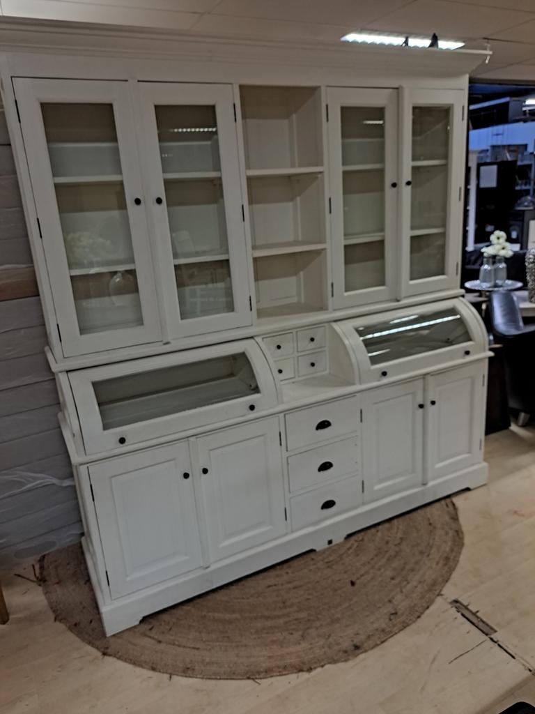 Mooie  orgineel  witte  buffetkast, Ophalen, 200 cm of meer, 50 tot 75 cm, Glas