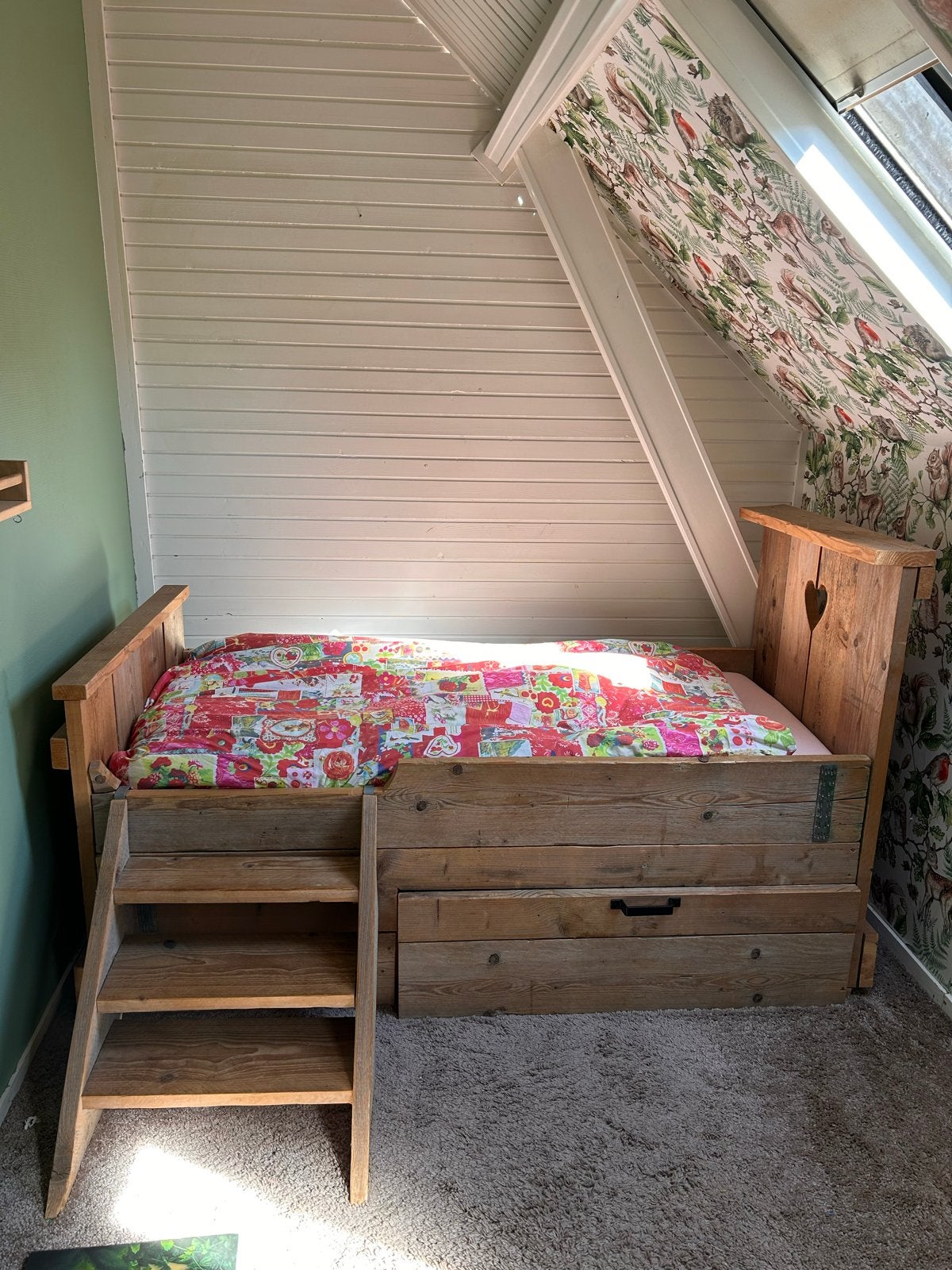 Steigerhouten kinderbed kleuterbed met lade en trapje, Ophalen, Gebruikt, 70 tot 85 cm, Matras