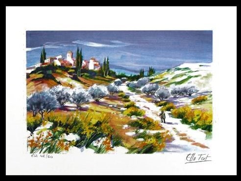 # Ella Fort # Litho " Marcheur dans un paysage magnifique ", Ophalen of Verzenden