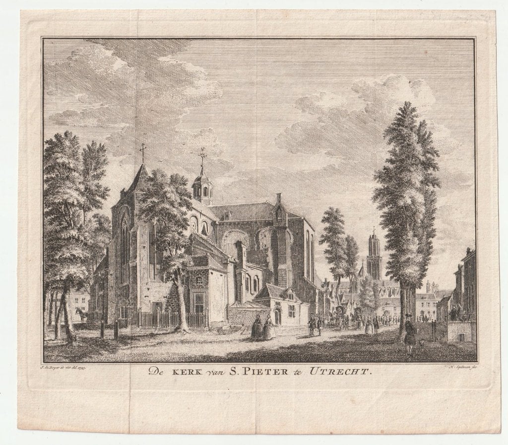 Kerk S. Pieter te Utrecht gravure de Beyer Spilman ca. 1750, Antiek en Kunst, Verzenden, Architectuur, Gravure, Blanco verso