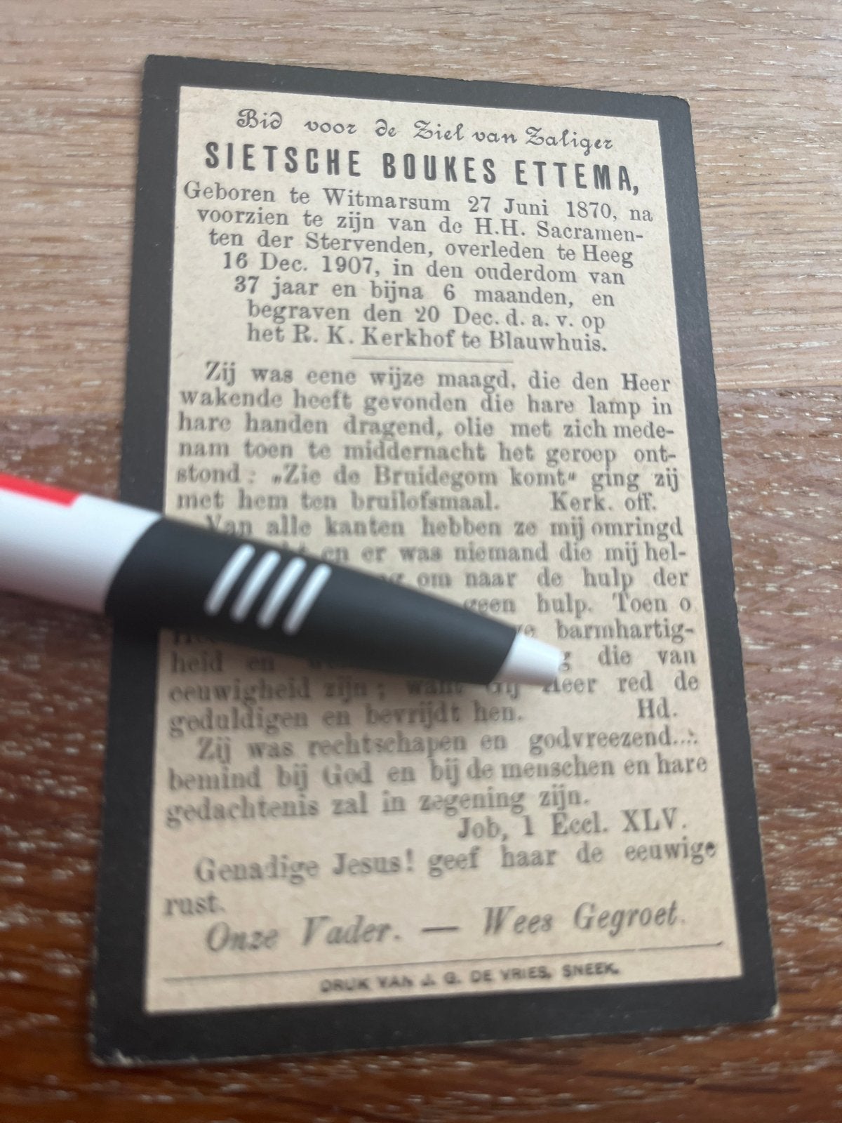 Ettema Sietsche 1870 Witmarsum 1907 Heeg Blauwhuis, Ophalen of Verzenden, Bidprentje