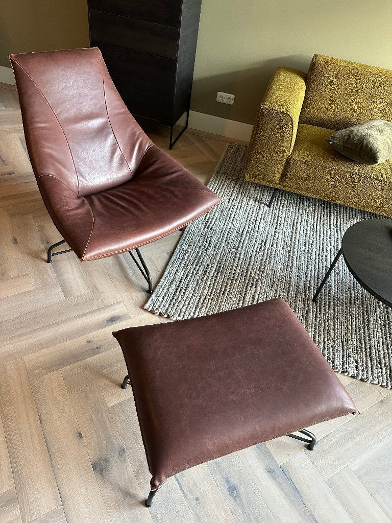 Jess Design fauteuil en hocker leer, Ophalen, Zo goed als nieuw, 50 tot 75 cm, Leer