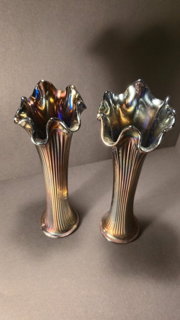 Set van 2 Fenton Fine Rib vaasjes blauw carnival glas antiek, Verzenden