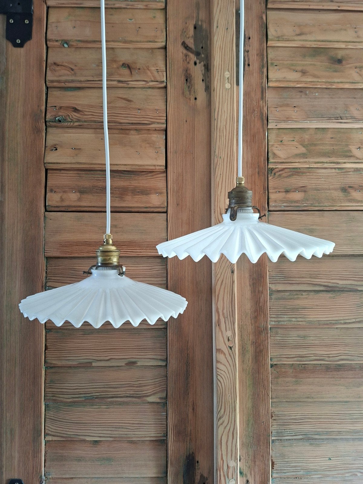 Opaline geplooide glazen hanglamp, vintage witte hanglampen, Ophalen of Verzenden