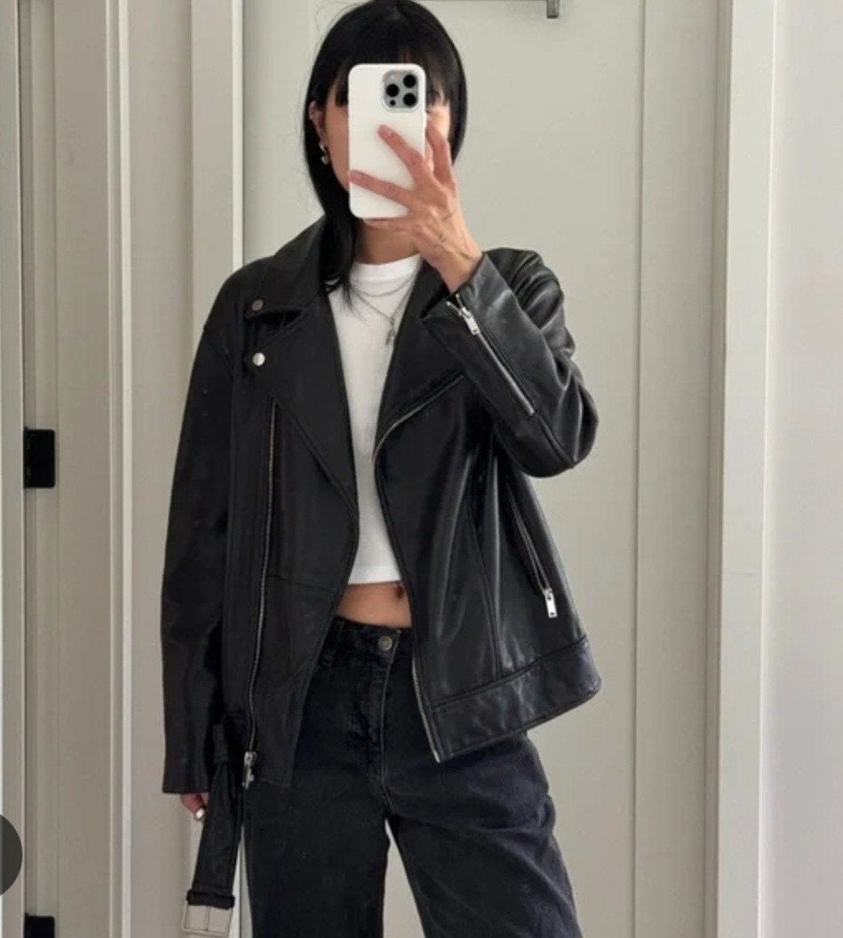 Zara oversized leren biker jacket S/M, Ophalen of Verzenden, Maat 36 (S), Gedragen, Zara