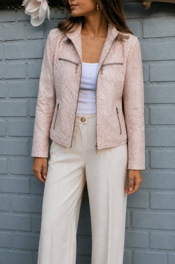 Vintage leren jack, jasje, luipaard, beige met roze. Leder., Maat 38/40 (M), Beige, Ophalen of Verzenden, Zo goed als nieuw