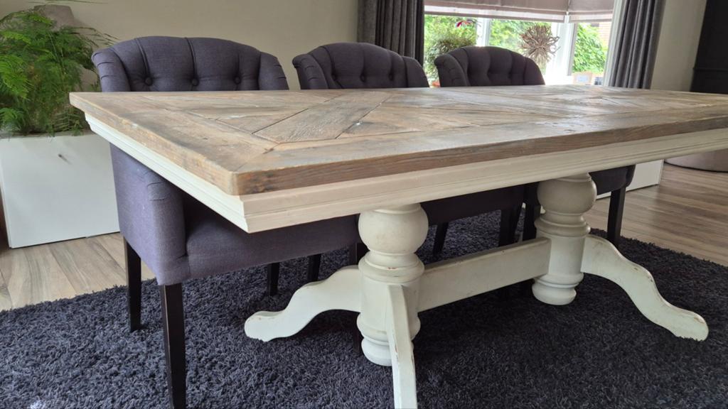 Mooie kloostertafel 210 x 100 met driftwood blad, Huis en Inrichting, Tafels | Eettafels, Ophalen, Rechthoekig, 200 cm of meer