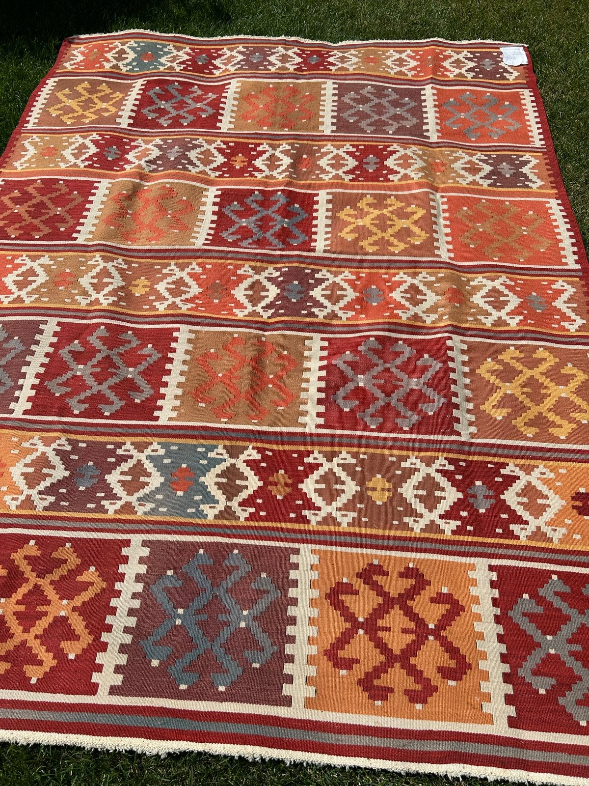 Vintage Handgemaakt Kelim Tapijt - Rood, Oranje, Blauw, Ophalen, Gebruikt, 100 tot 150 cm, 150 tot 200 cm