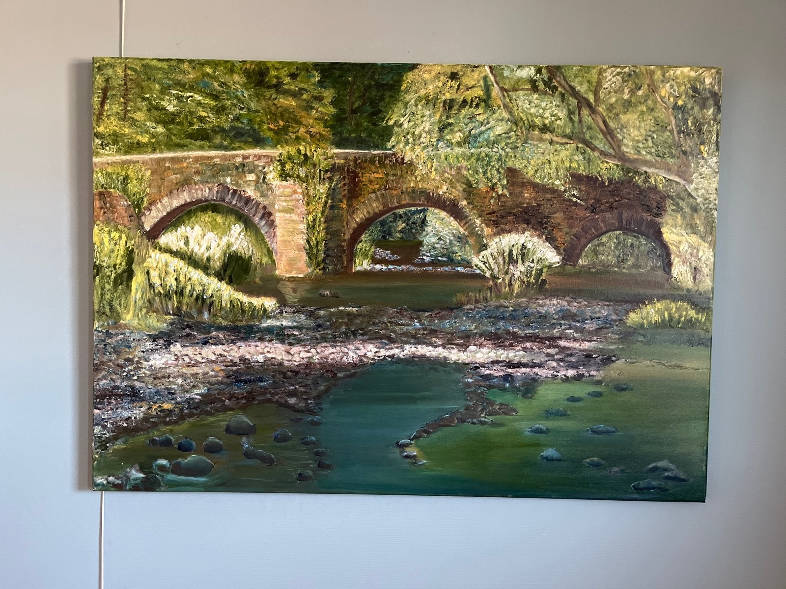 Olieverfschilderij Brug Landschap 100x70 cm, Ophalen, Doek, Realistisch, Olieverf