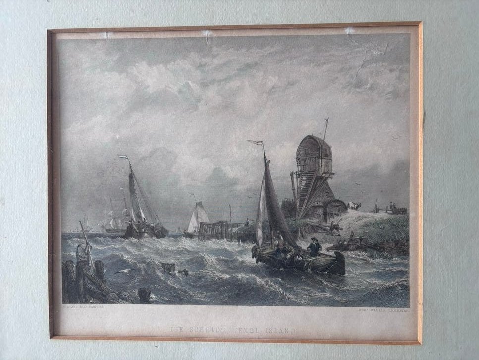 Antieke Gravure 'De Schelde, Texel Eiland' - Rob Wallis, Handgekleurd, 1800 - 1899, Ophalen of Verzenden, Gravure