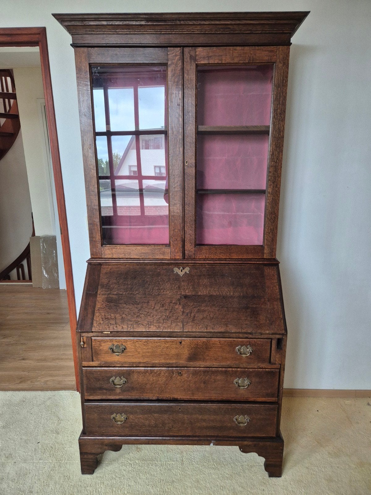 Antiek Eiken Secretaire met Vitrinekast, Ophalen