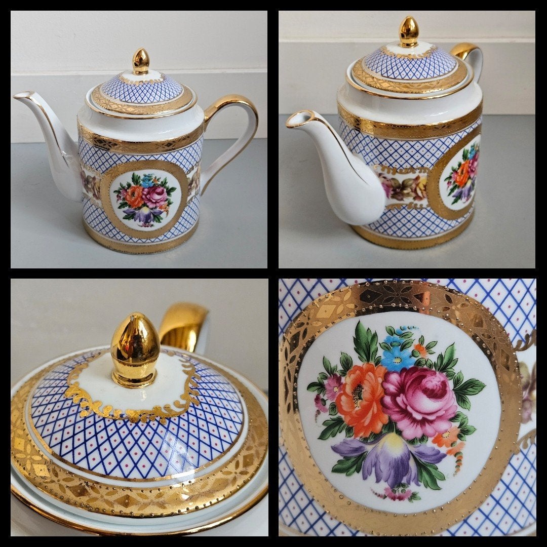 Porselein, porseleinen Theepot. Rijk gedecoreerd, puntgaaf, Ophalen of Verzenden