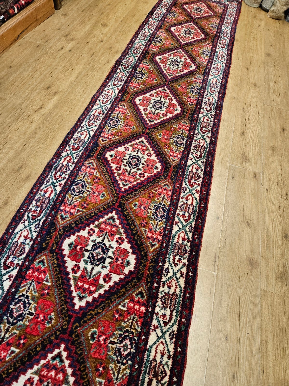 Vintage handgeknoopt perzisch tapijt loper hamadan 417x85, Huis en Inrichting, Stoffering | Tapijten en Kleden, Info@SlatsAntiek.nl