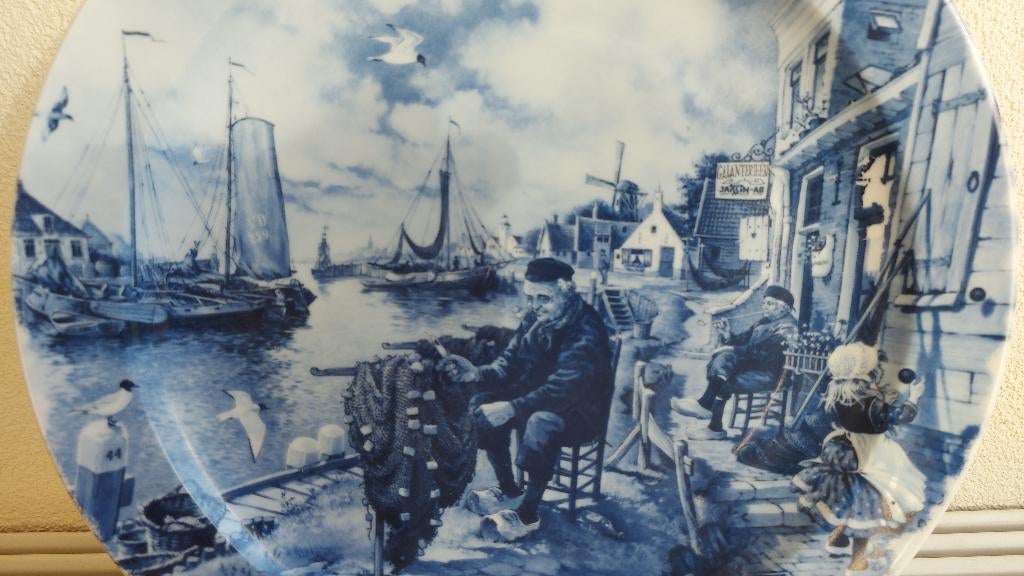 Wandbord Delftsblauw Volendam haven. (J.C. v. Hunnik), Ophalen of Verzenden