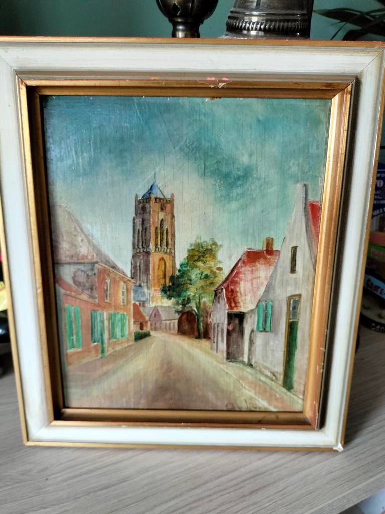 Oud Hollands Straatje met Kerk - Olieverf Schilderij, Ophalen of Verzenden