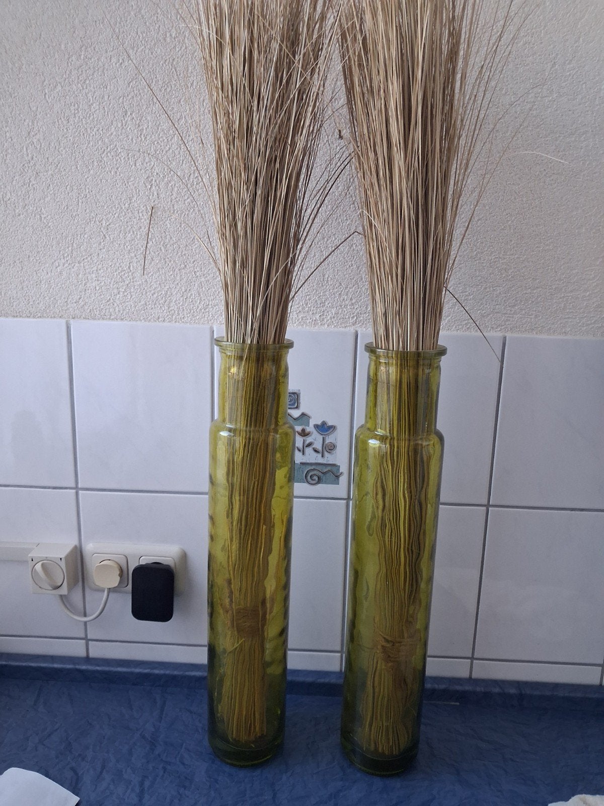 Set van 2 glazen vazen met droogbloemen, Ophalen, Gebruikt, Inclusief droogbloemen, Glas