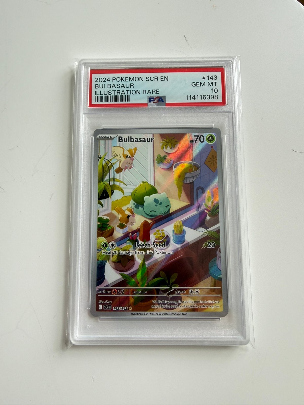 Bulbasaur PSA 10 Stellar Crown (SCR) #143, Ophalen of Verzenden, Zo goed als nieuw