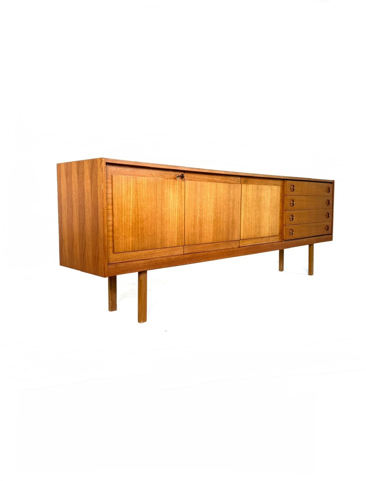 Vintage XXL teakhouten sideboard, jaren ‘60, Vintage retro buisframe design rotan webbing papercord deens, Ophalen of Verzenden