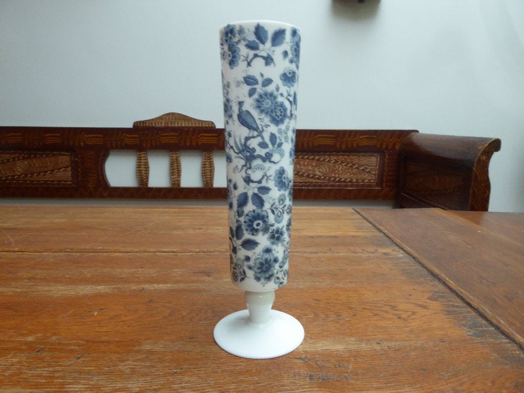Vintage opaline vaas met blauwe decoratie, Ophalen of Verzenden