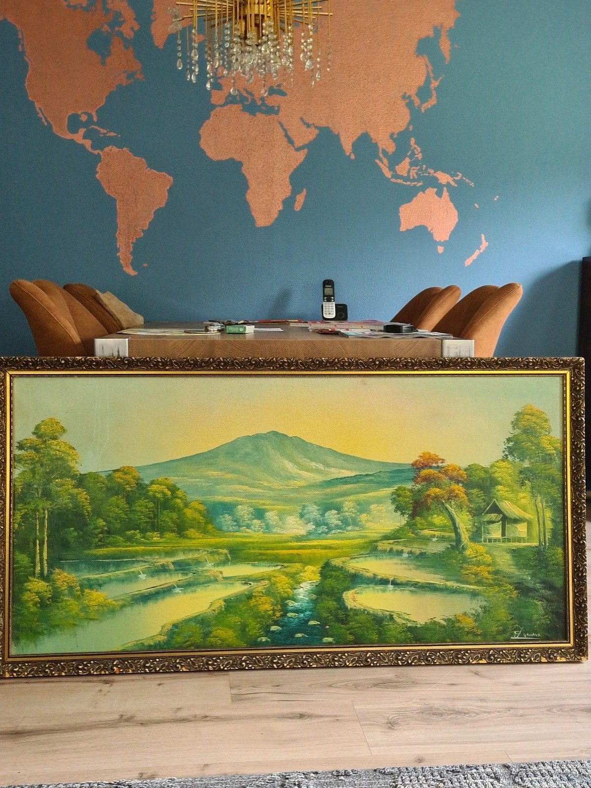 Gesign Schilderij Tropisch Landschap met Berg en Rijstvelden, Ophalen