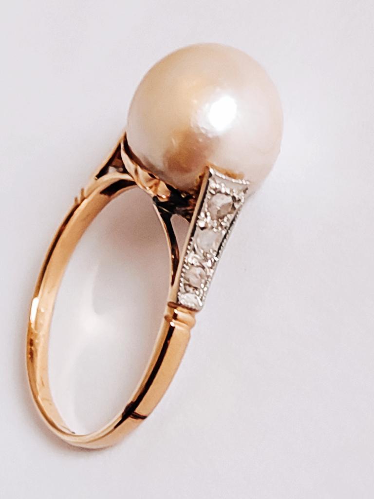 Antieke gouden ring net Zuidzee parel en diamanten, Met edelsteen, Ophalen of Verzenden, Dame, Goud
