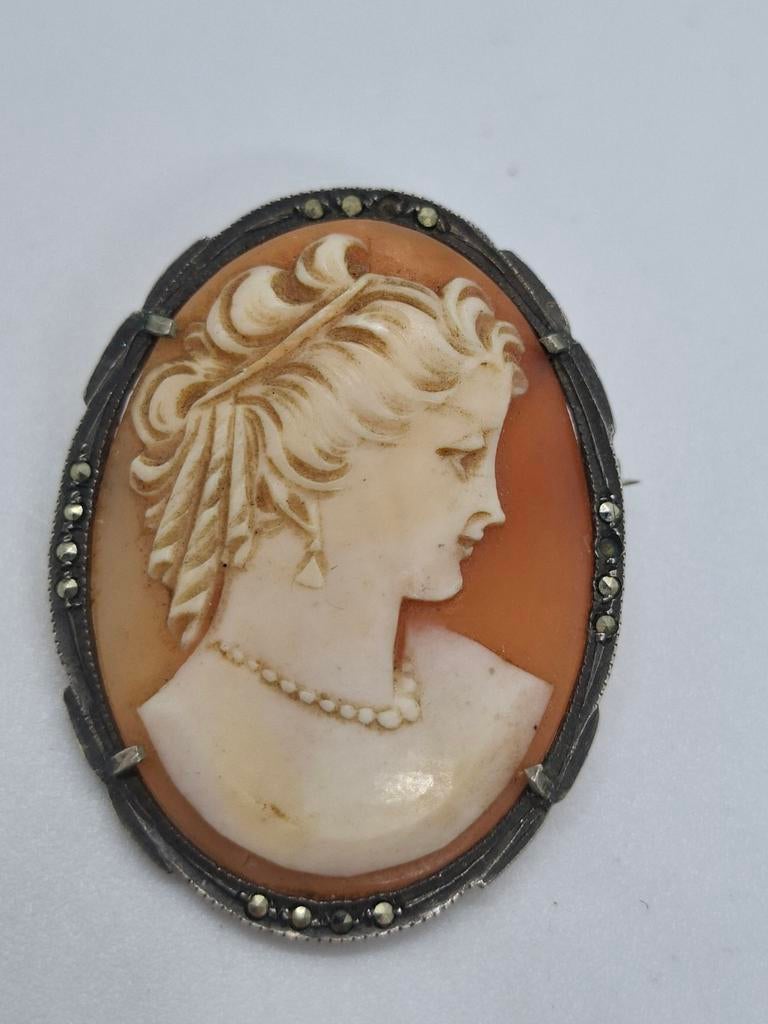 Oude Zilveren Camee Hanger/Broche met Markasiet (800), 4 tot 7 cm, Ophalen of Verzenden, Met edelsteen, Zilver