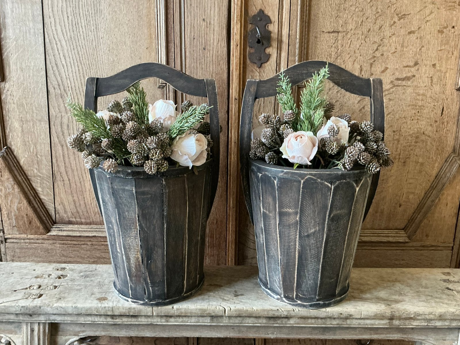 NIEUW set houten emmers met boeket kunstbloemen, Ophalen of Verzenden, Nieuw