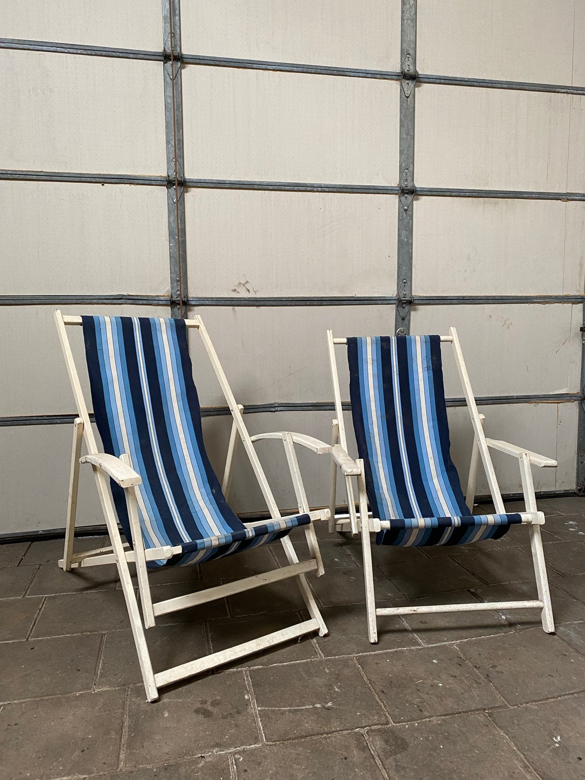 Set van 2 strandstoelen - Blauw gestreept, Ophalen, Gebruikt, Twee, Blauw