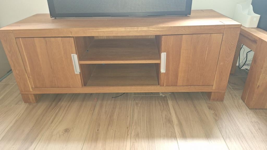 Licht eiken tv meubel met opbergruimte, Ophalen, Gebruikt, 100 tot 150 cm, Eikenhout