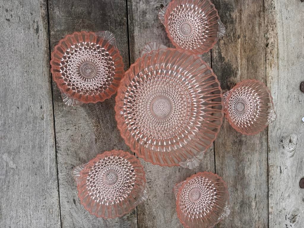 Roze vintage glazen compote schaaltjes en grote schaal, Antiek en Kunst, Antiek | Glas en Kristal, Ophalen of Verzenden
