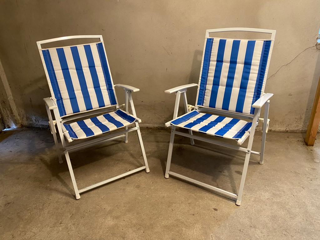 2 opklapbare tuinstoelen, blauw/wit met licht metalen frame, Tuin en Terras, Tuinstoelen, Ophalen of Verzenden, Zo goed als nieuw