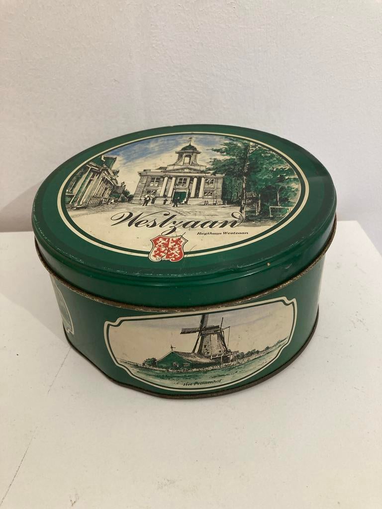 Vintage blikken trommel Westzaan - Regthuis Westzaan, Ophalen of Verzenden, Gebruikt, Koek(jes), Overige merken