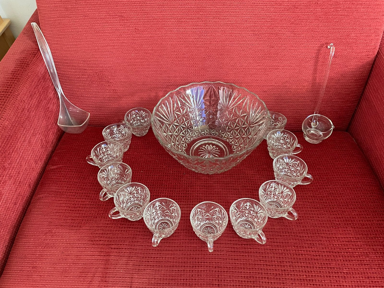 Vintage Glazen Punch Set - Kom, 12 Kopjes en 2 Lepels, Ophalen