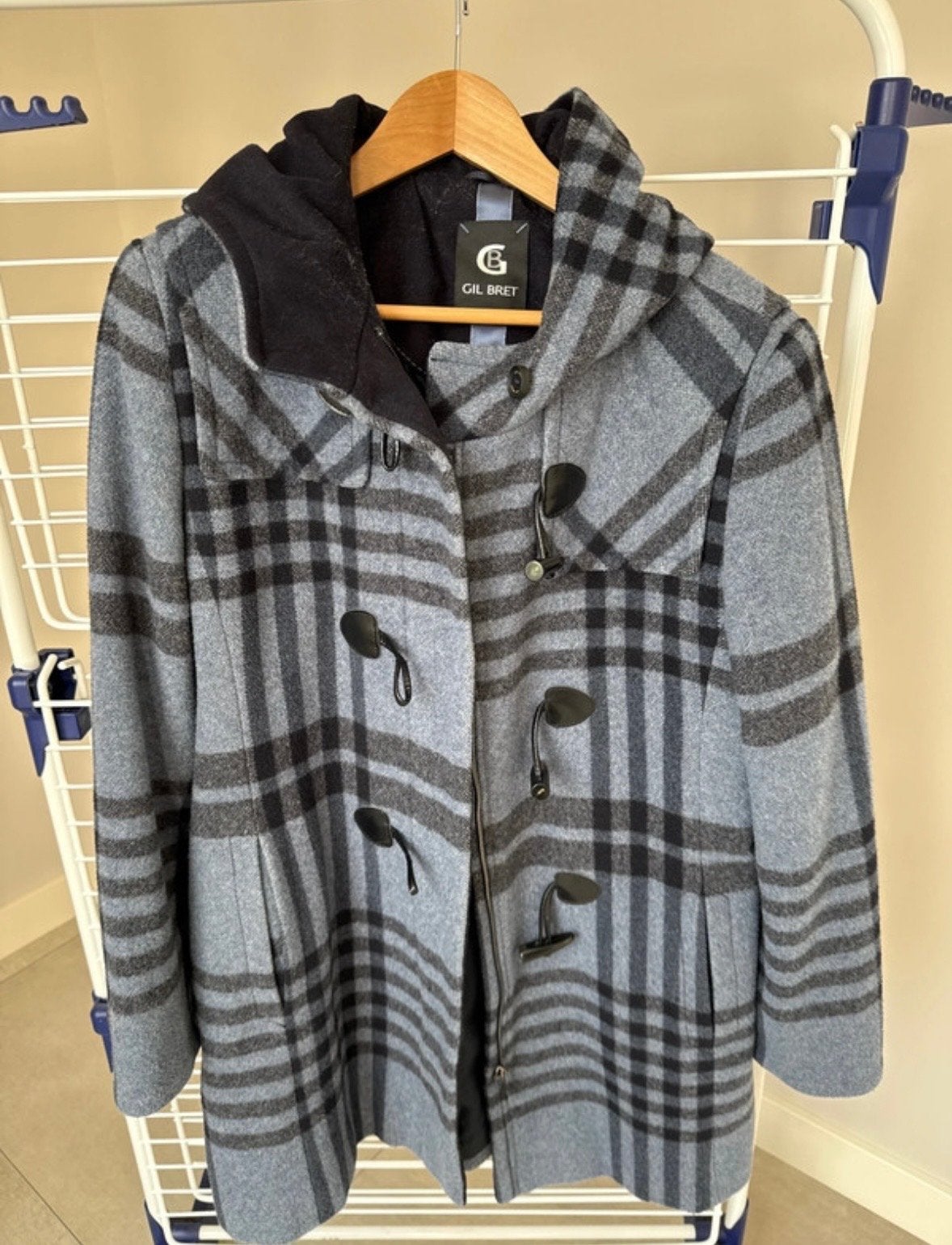 Gil Bret wollen winterjas met capuchon, blauwgrijs ruitpatro, Kleding | Dames, Jassen | Winter, Ophalen of Verzenden, Zo goed als nieuw