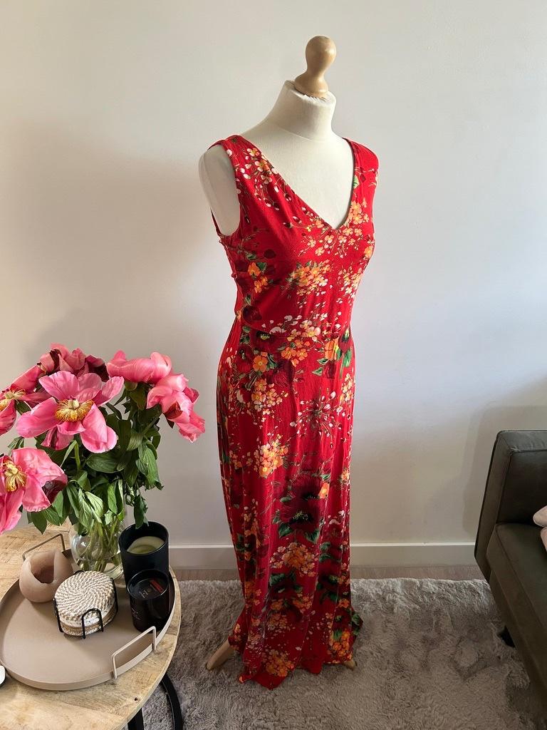 King Louie maat XL lange rode bloemen jurk 3260, Maat 46/48 (XL) of groter, Ophalen of Verzenden, Zo goed als nieuw, King Louie