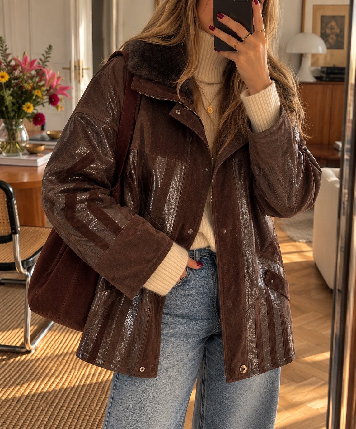 Vintage Leren Jas Bruin met Bontkraag - Maat M, Kleding | Dames, Ophalen of Verzenden, Zo goed als nieuw, Maat 38/40 (M), Bruin