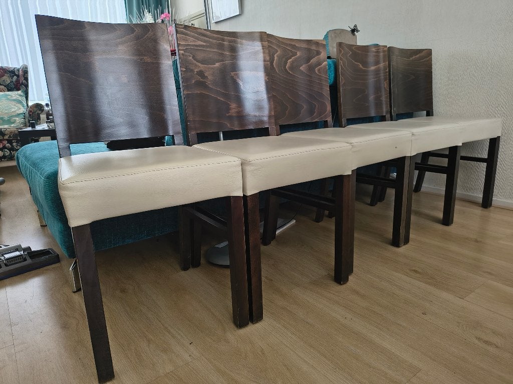 5 gebruikte stoelen met kunststof sky in bruin en crème, Ophalen, Standart, Gebruikt, Bruin